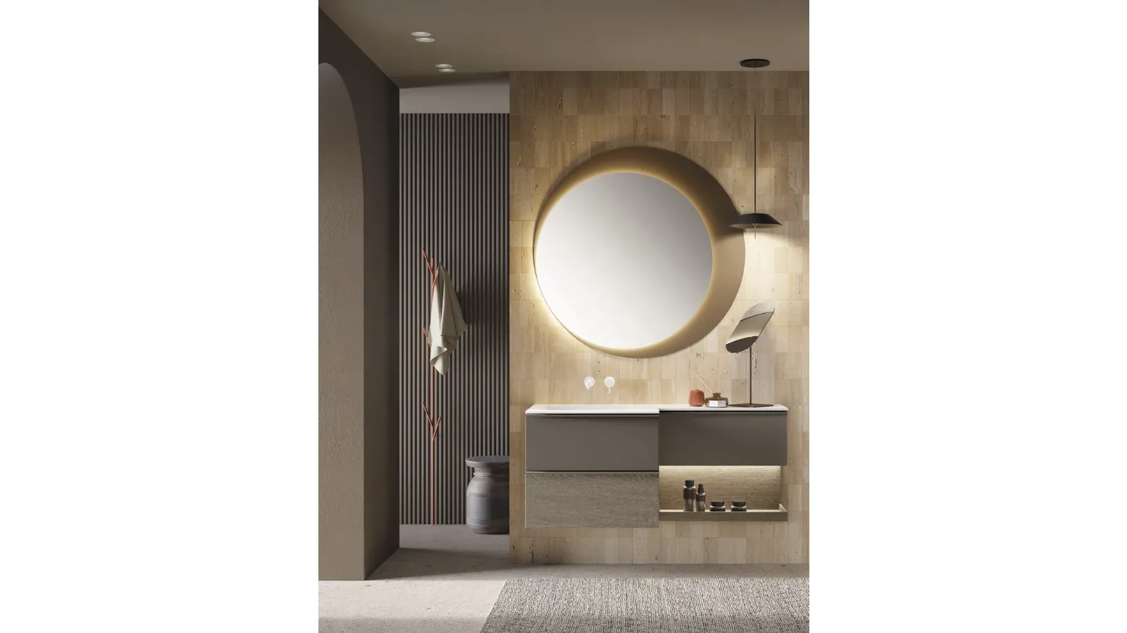 Mobile da Bagno Bloom 02 in laccato e HPL rovere di Novello