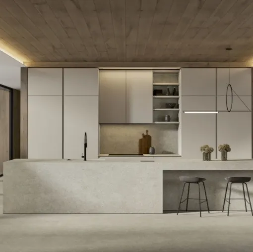 Cucina Moderna con isola Gea 01 in PET Sabbia di Arrex